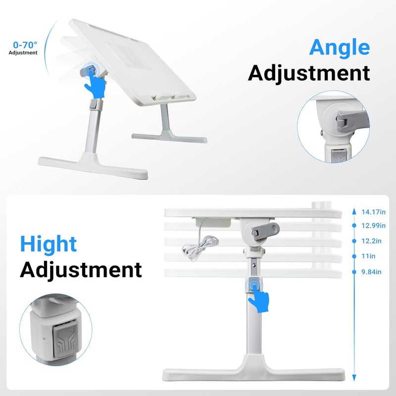 XTRA Laptop Lap Desk with Cooling Fan - Adjustable with Light, USB, Storage Drawer - Folding Bed Desk,22.04"*12.59",White - Image 2